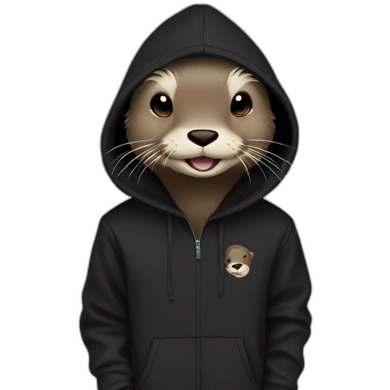 otter in black adidas hoodie with a wide smile emoji