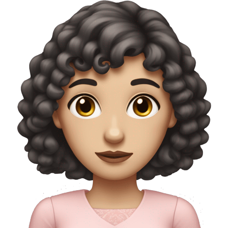 White woman with long black curly hair and bangs and dark brown eyes, wearing a pastel pink dress emoji