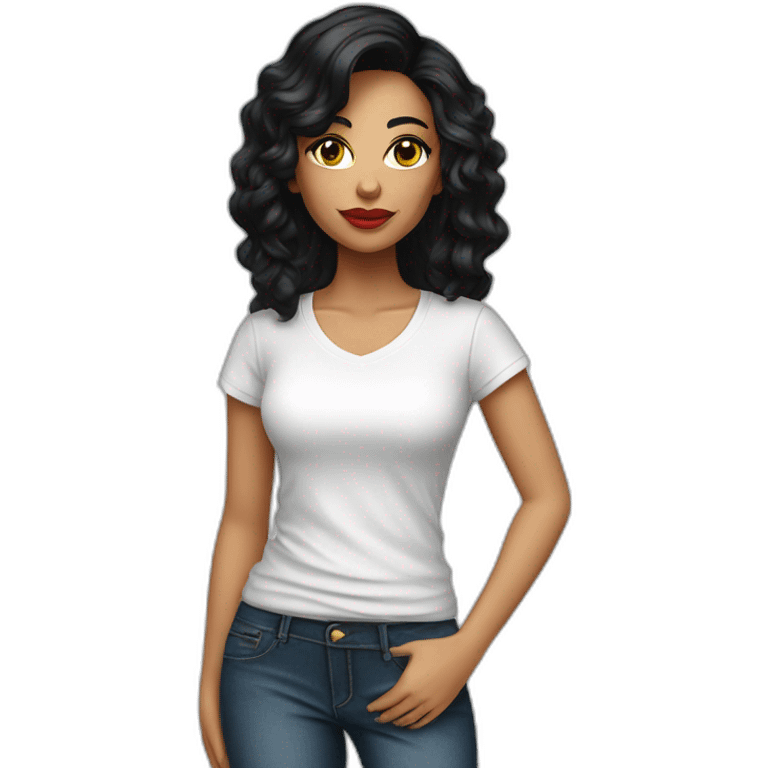 Brazilian Woman with small lips black eyes middle size black hair dressing jeans with white Tshirt in high heels emoji