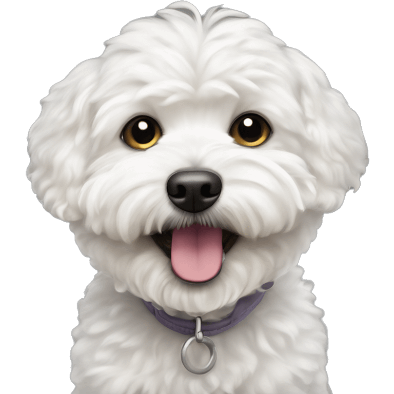 White Maltipoo dog that is smiling and you can see one snaggle tooth on the bottom part of the mouth hanging out  emoji