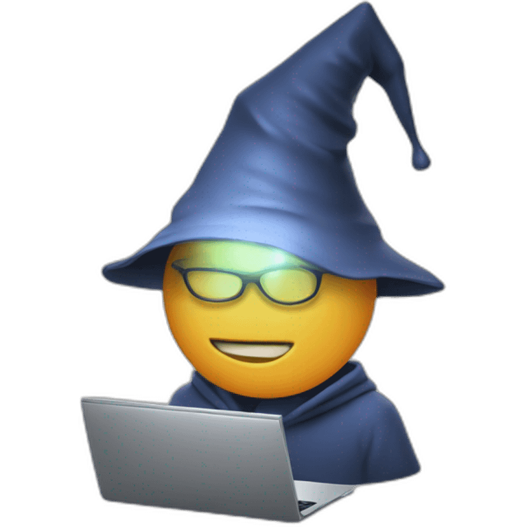 human with dunce cap with glowing letters using a computer emoji