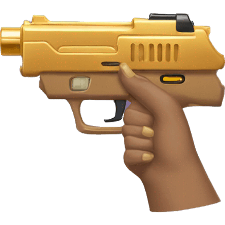 Light brown hand with gold nails holding dark nerf gun emoji