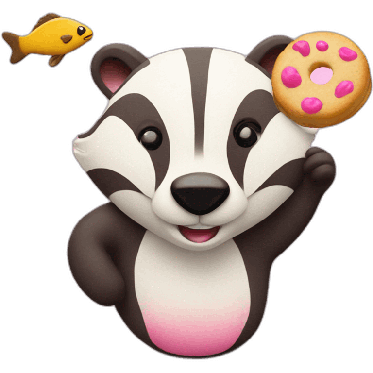 A badger with a Fish cookie with pink Swirl emoji