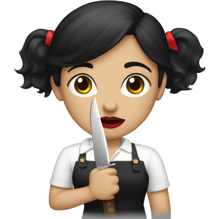 black haired girl with red lipstick and knife emoji