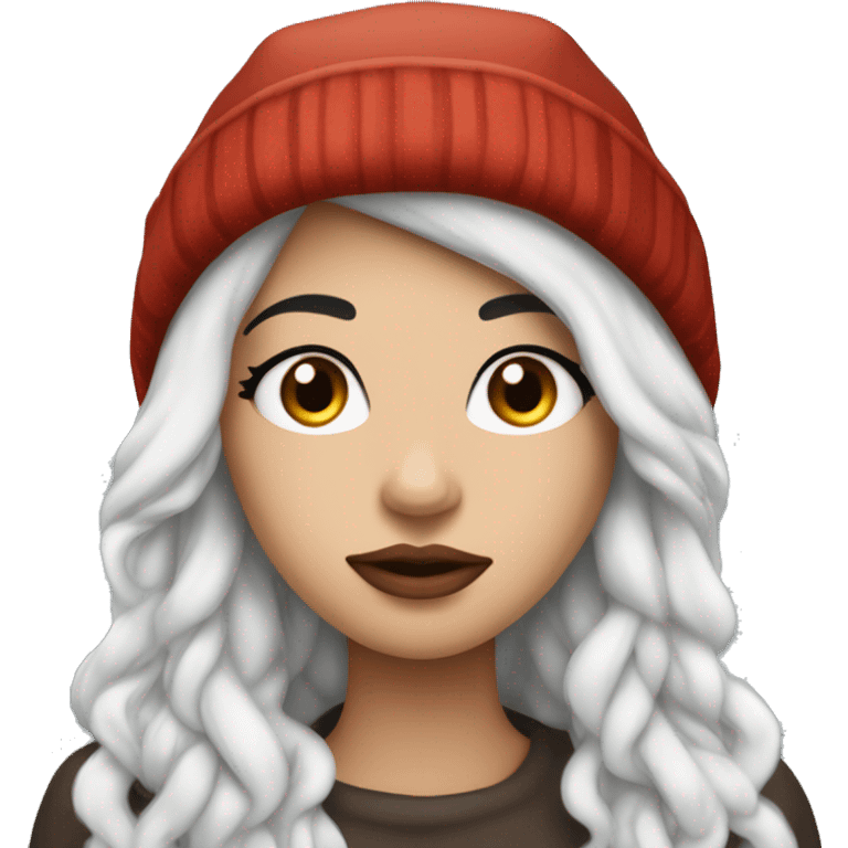 beautiful girl with long flowy black hair and pouty reddish lips wearing winter hat emoji