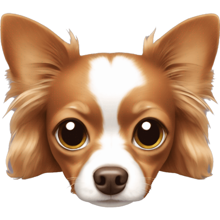 Long-haired reddish brown Chihuahua with white markings lying on bed  emoji