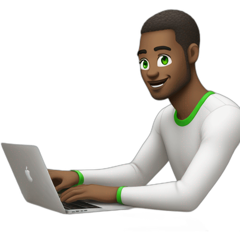 White Software engineer with green eyes coding on a macbook with AirPods emoji