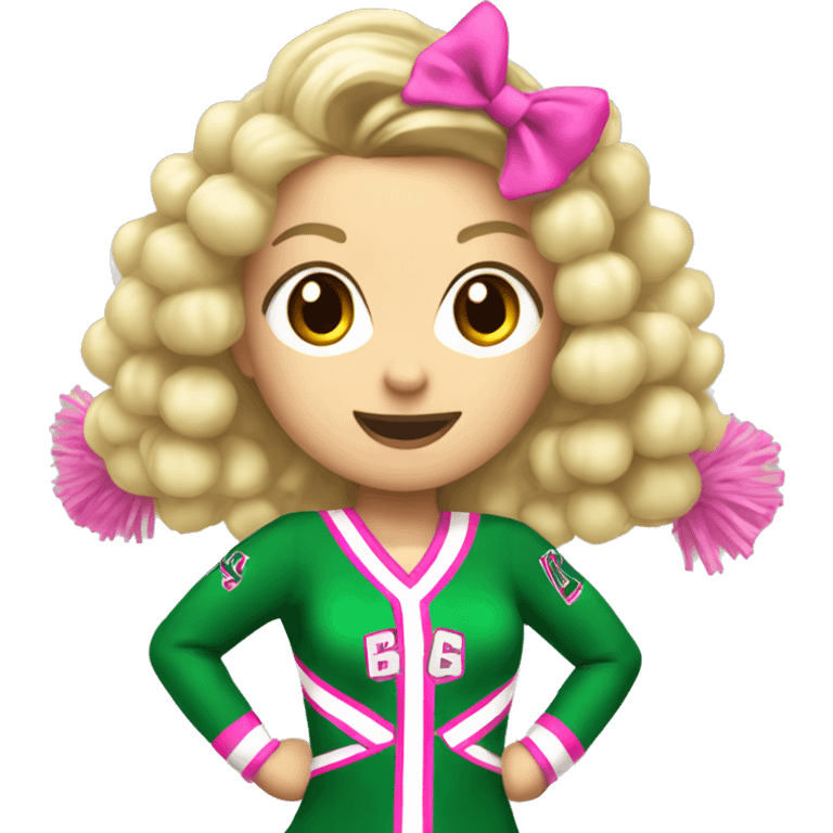 blonde cheerleader wearing green uniform holding pink pompoms that looks like chrissy chlapecka emoji