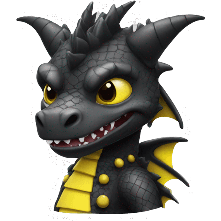 Black dragon dressed in punk clothes with chequer black and white markings and yellow caution tape  emoji