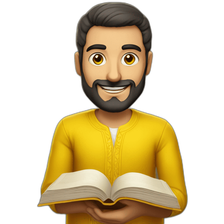 Armenian men with the yellow clothes reading book and looking at camera and smiling  emoji