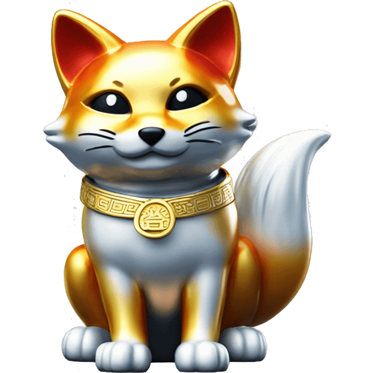 fully chrome fox statue in the form of maneki neko emoji