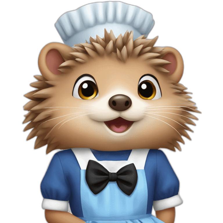 Hedgehog wearing a blue maid dress with a black bow and apron emoji