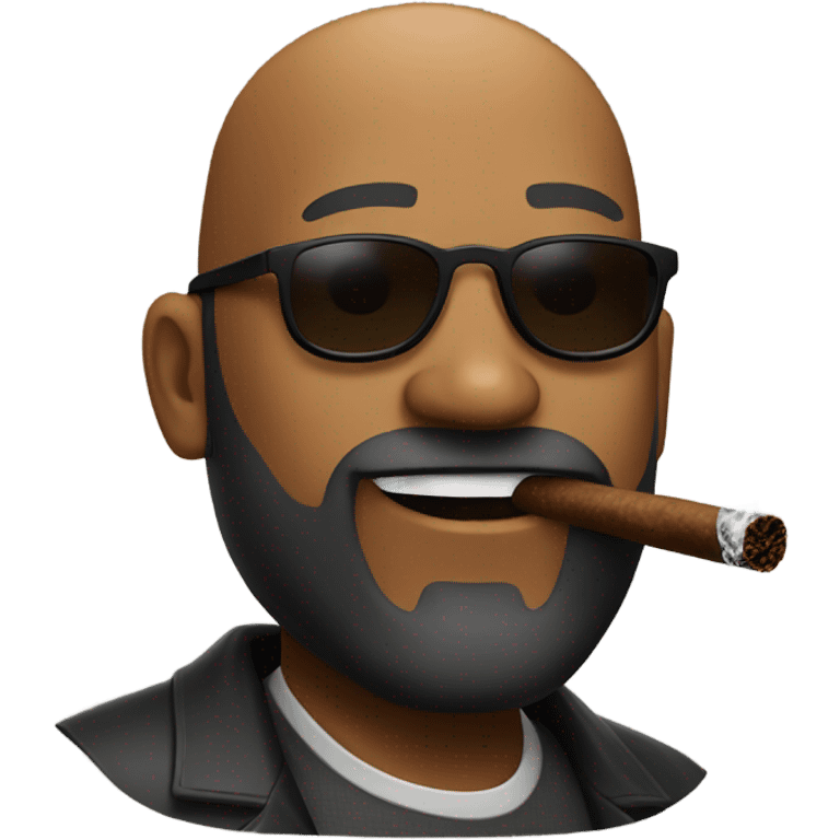 Bald Black man wearing sunglasses and smoking a cigar. He has a beard emoji