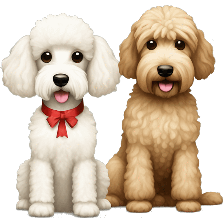 Brown mini poodle cartoon dog with white wheaten terrier dog with beige Christmas present emoji