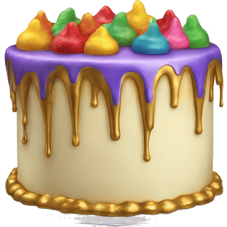 Realistic isolated colorful cake with metallic gold icing dripping from top and all down along the cake emoji