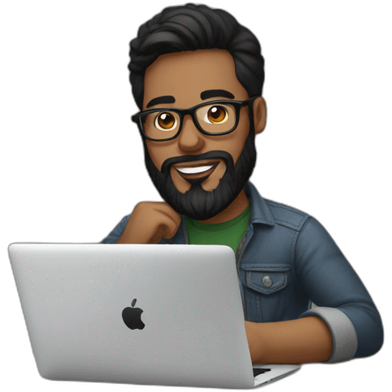 Designer with black hair, beard and glasses working with MacBook and drinking cappuccino  emoji