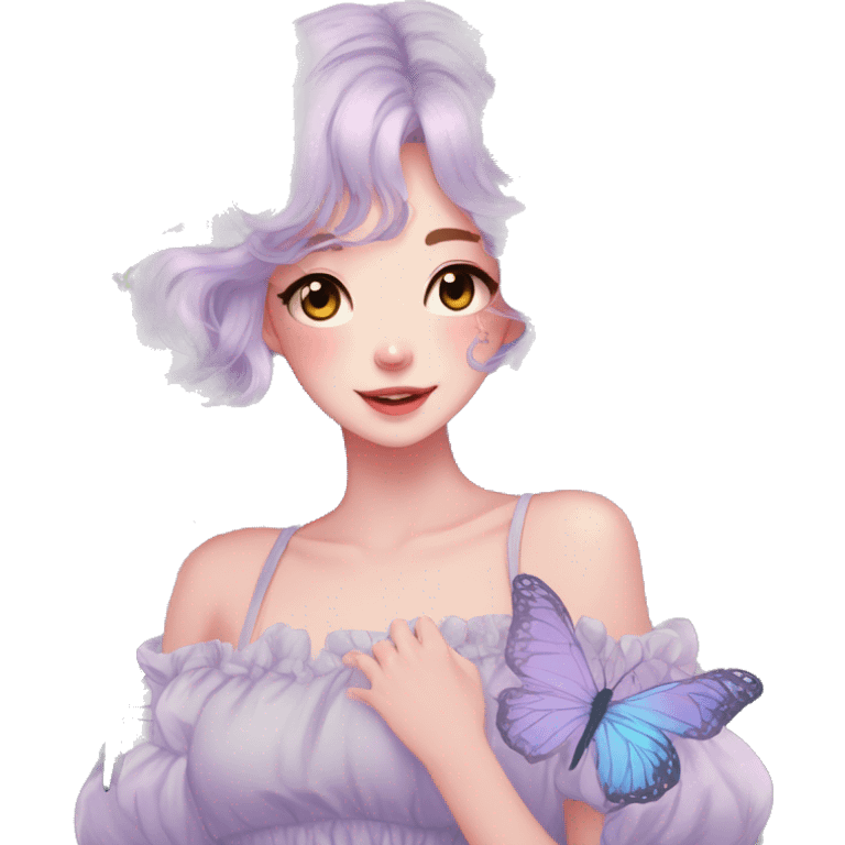 gorgeous pretty anime cartoon pastel lady with butterflies and beautiful hair fairycore cottagecore emoji