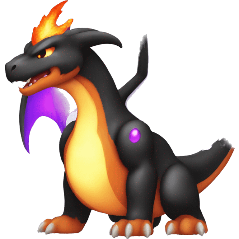 Black shiny sparkly Charizard-Fakémon with purple flame on tail emoji