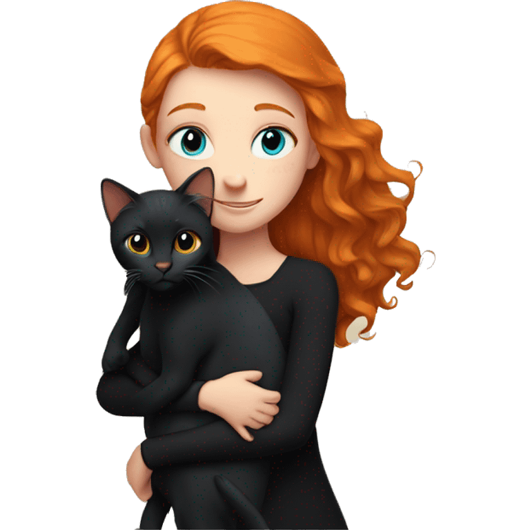 Ginger girl with blue eyes hugging black cat emoji