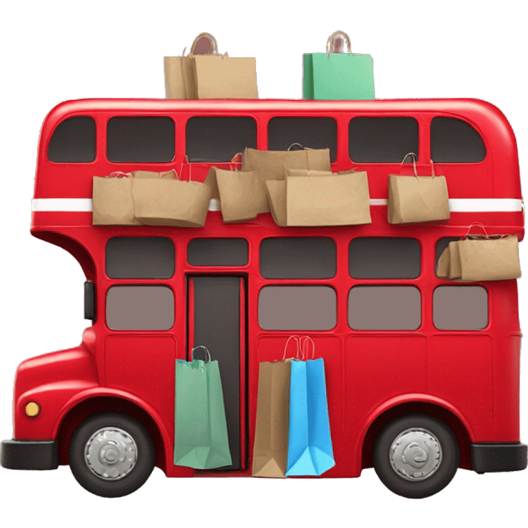 red double decker bus holding shopping bags emoji