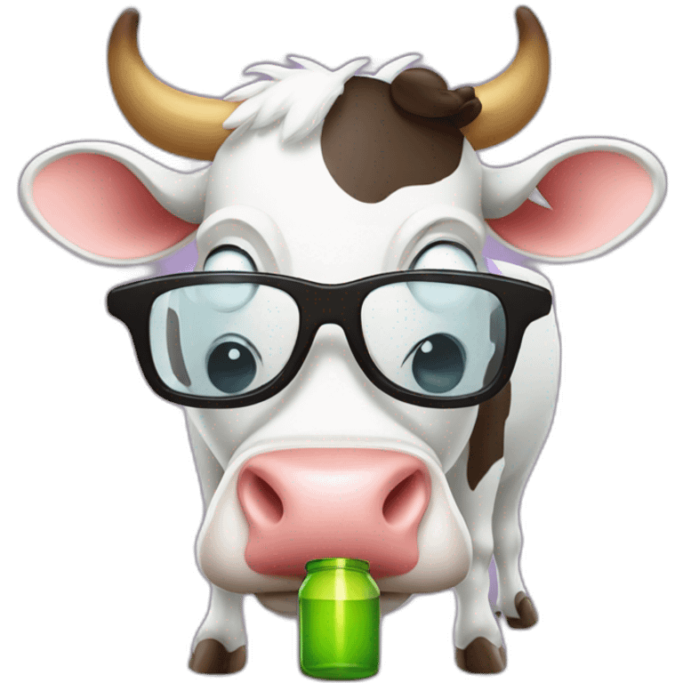 cartoon style cow with glasses drinking beear from bottle emoji