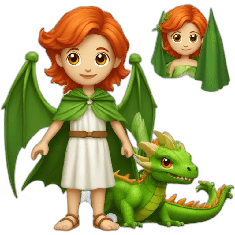 fée rousse avec une cape verte et capuche portant un bébé dragon blanc emoji