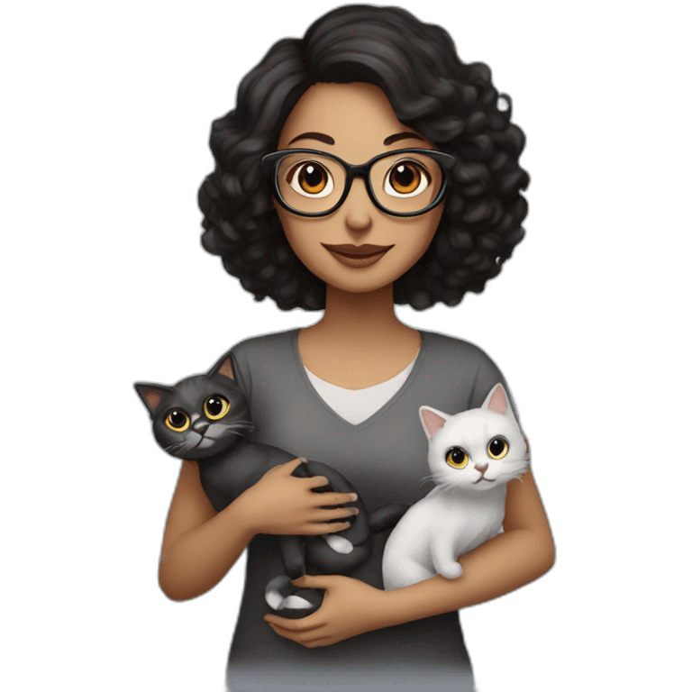 a dark haired woman with silver square glasses playing with cats around her emoji