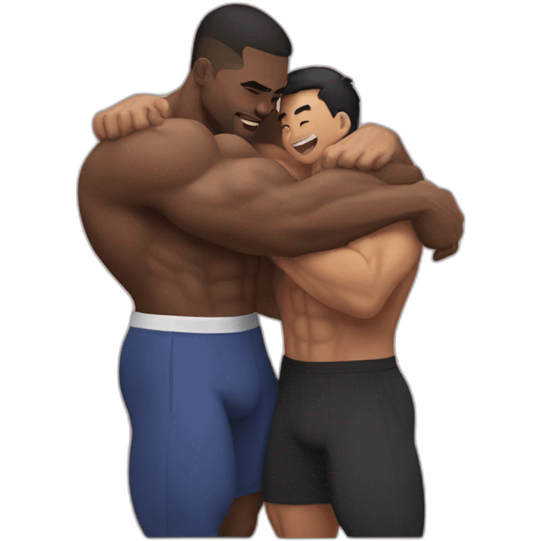 Muscle black guy and a muscle Asian guy hugging  emoji