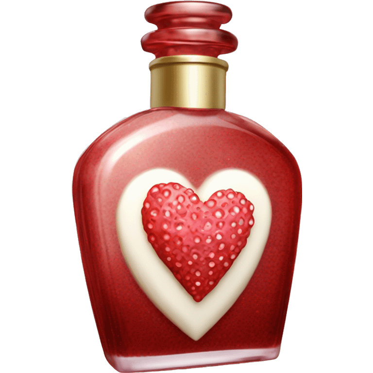 Antique heart-shaped parfumerie bottle with butter, made of red crystals, white cream and pink strawberry milk pour from the bottle emoji