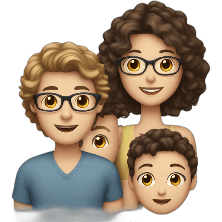 white family group consisting of man with short hair and blue eyes, woman wih dark curly hair, boy with glasses and brown hair, 2 girl with brown hair emoji