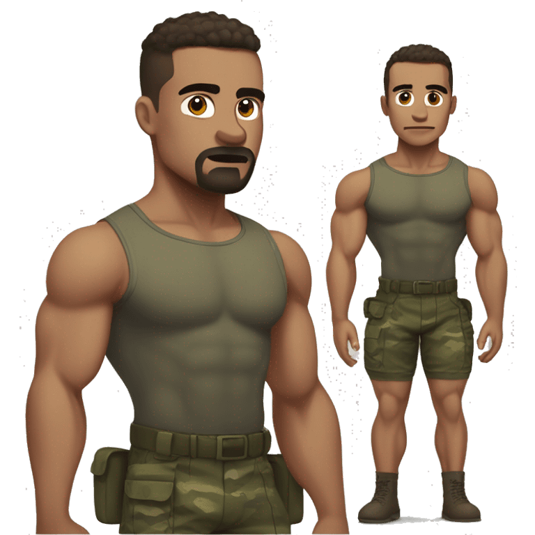 White skin, dark brown hair, hairy body, Bodybuilder, high and tight military haircut, wearing briefs emoji