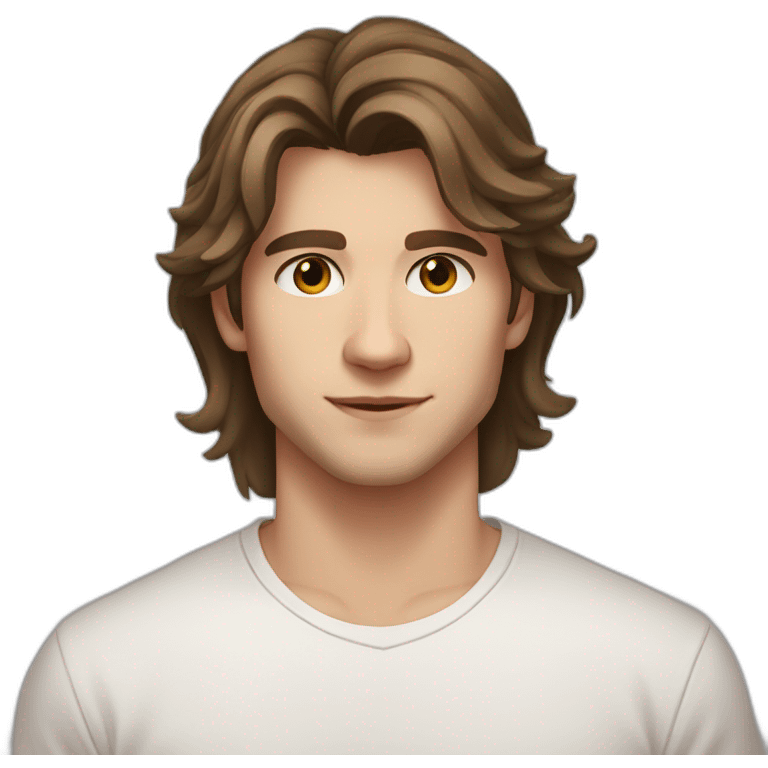 22 years old, Russian guy, long brown shoulder-length hair, white T-shirt, brown eyes emoji