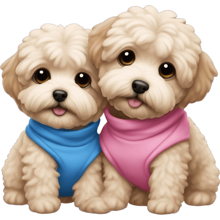 2 maltipoo dogs hugging, one wearing a pink sweatshirt and the other wearing a blue one emoji