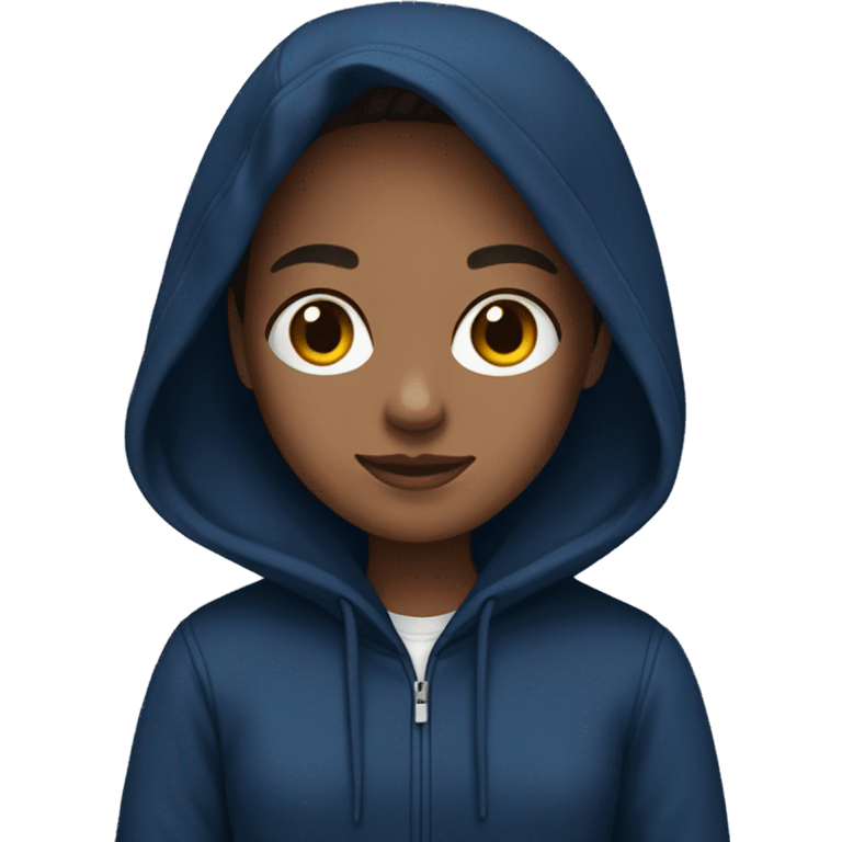 Emoji of a brunette with straight hair in a dark blue hoodie  emoji