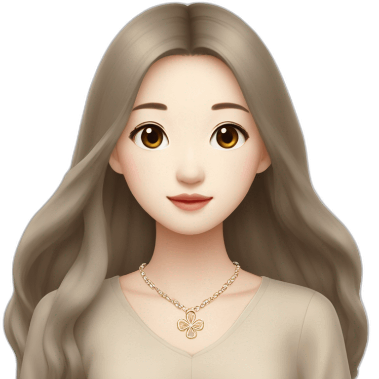 cute long-haired Chinese girl in Muji beige dress with van cleef clover necklace emoji