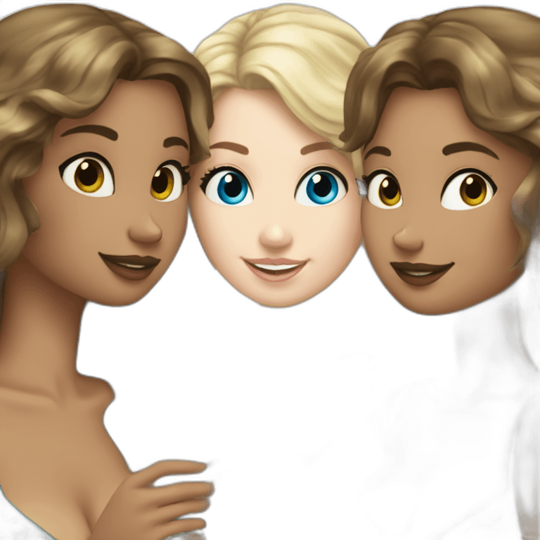 Three beautiful mermaids (two brown hair with brown eyes and blond one with blue eyes) drinking prosecco emoji