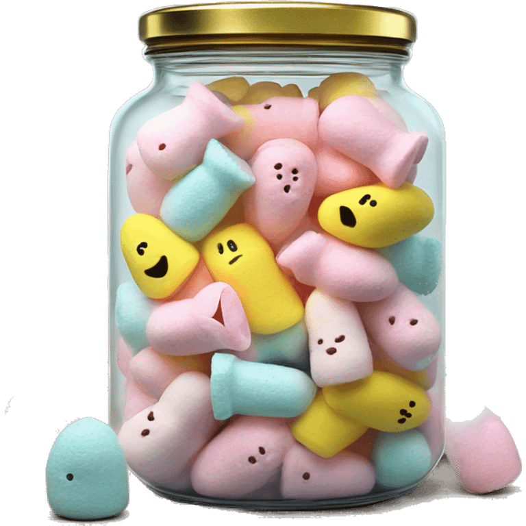 Realistic easter candy Peeps marshmallows in a glass jar with a gold screw on lid on the top. emoji