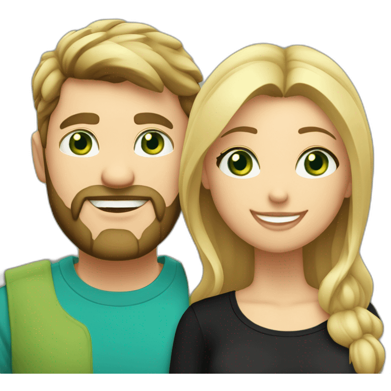 A happy couple, blond chubby girl with blue eyes and black haired and bearded man with green eyes. The man wears a black t-shirt emoji