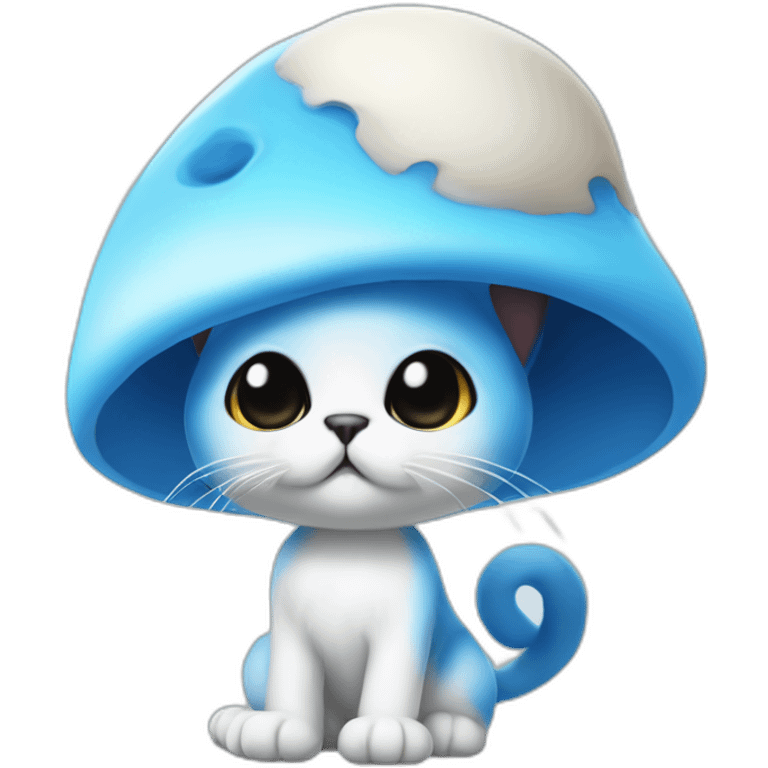 Blue smurf cat with black eyes wearing a large white mushroom as hat, no body emoji