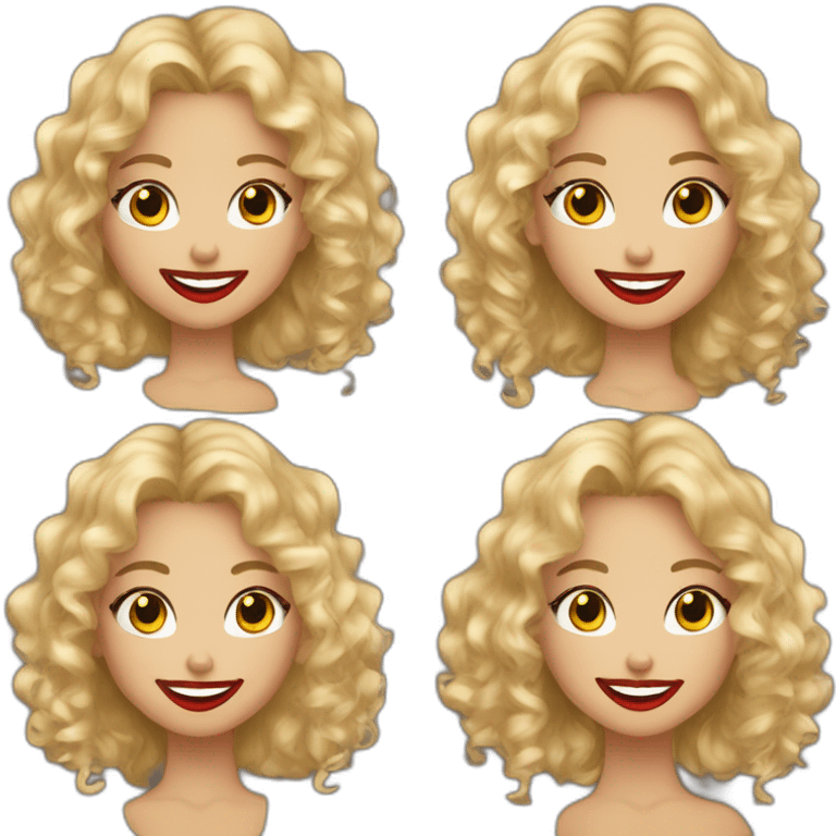 A girl with blonde hair dupe red lips a little bit curly hair at the bottom, skinny and with a beautiful smile emoji