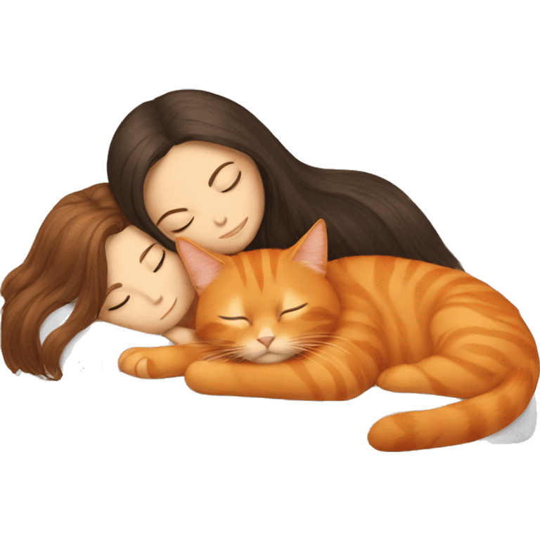 orange cat sleeping with long haired brunette girl emoji