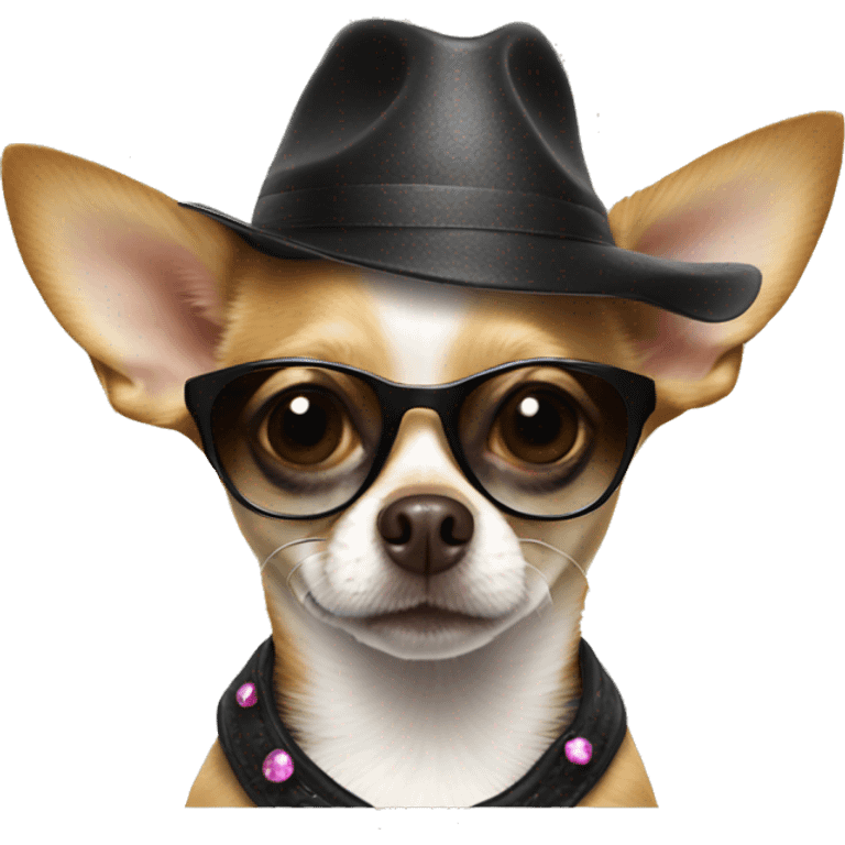 Diva chihuahua wearing sunglasses, dress and hat emoji