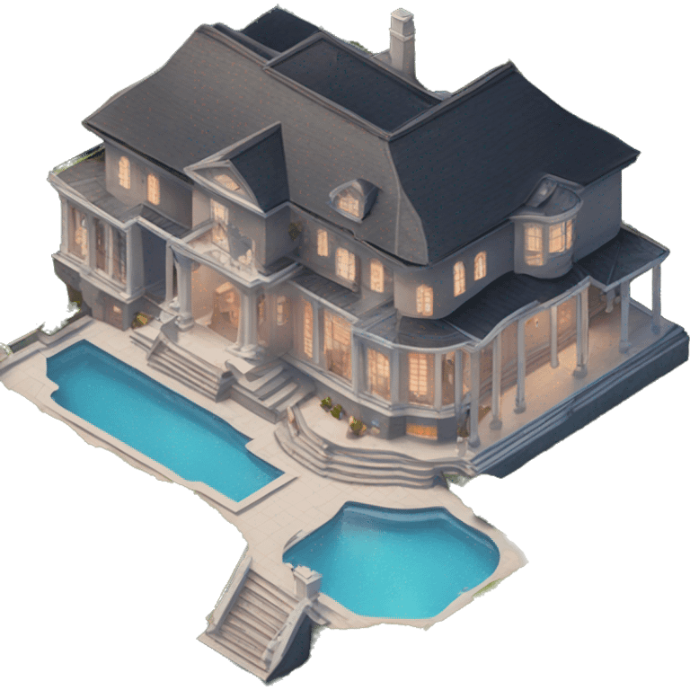 luxurious mansion viewed from above at a 45deg angle so you can see the front and side both. no pool, just a driveway, and uplit from the bottom emoji