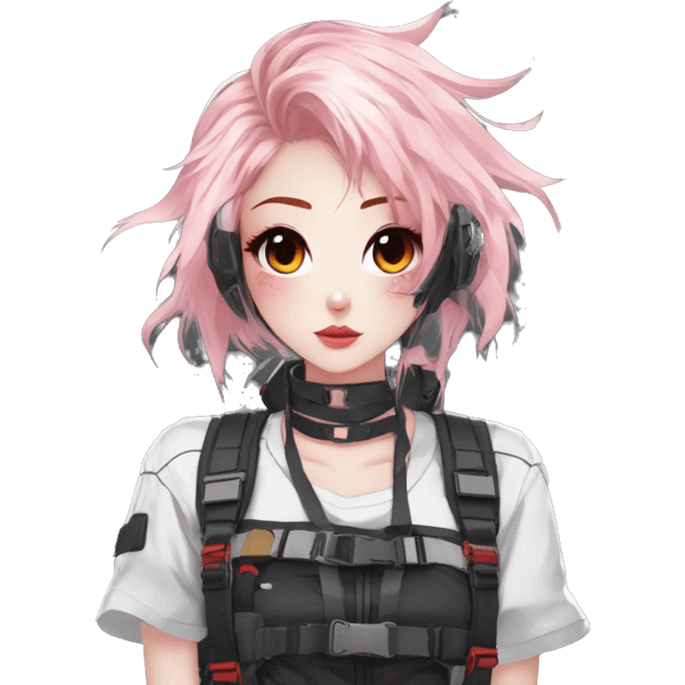 Gorgeous pastel techwear anime style lady with blushing face aesthetic and pretty edgy black red white punk messy hair with collar and harness trending style emoji