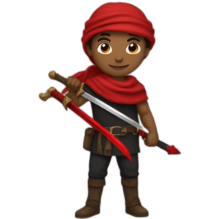 A brown man carries a red sword, wears clothes stained with red blood, has two horns on his head, wears a black scarf, and the color of his sword is black and red. emoji