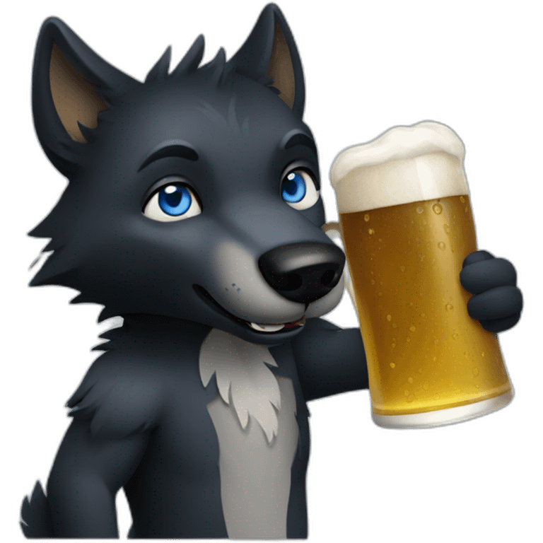 black wolf with blue eyes drinking a beer emoji