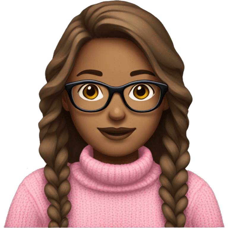 Girl with brown hair and black glasses frame and pink sweater is working behind laptop emoji