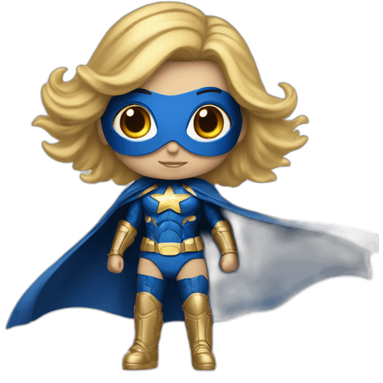 Super hero, girl, textured blue suit, blonde, gold shoulder pad armor, American Flag for a cape, flying, horizontal emoji