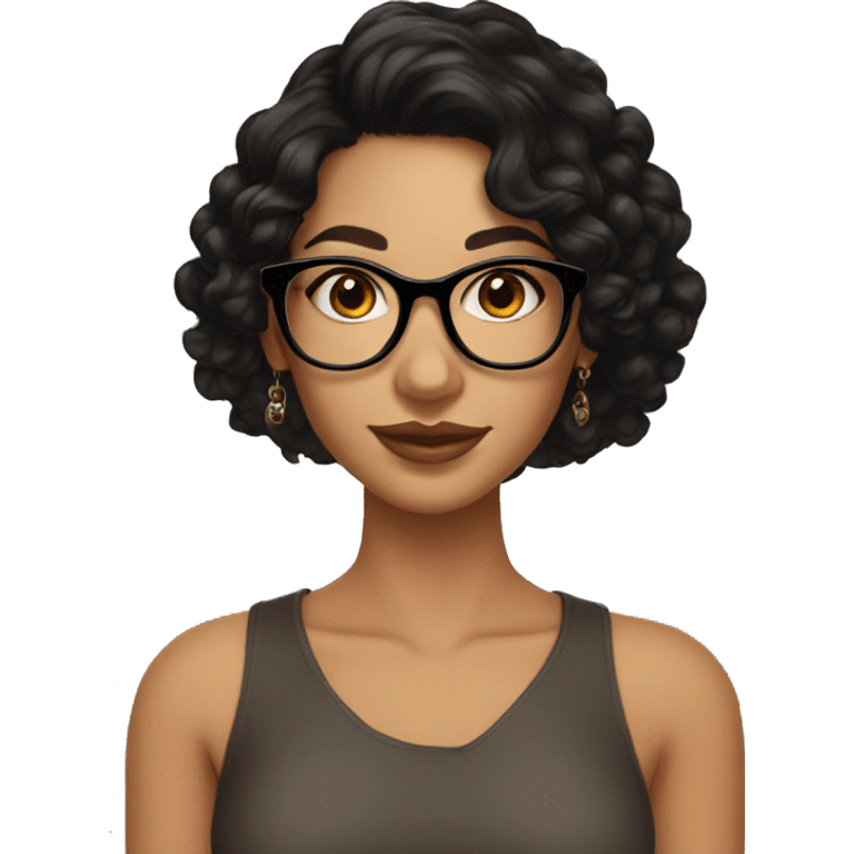 girl, big nose, long curly black hair, earrings, dark brown eyes, tan skin, freckles, glasses, glamour emoji