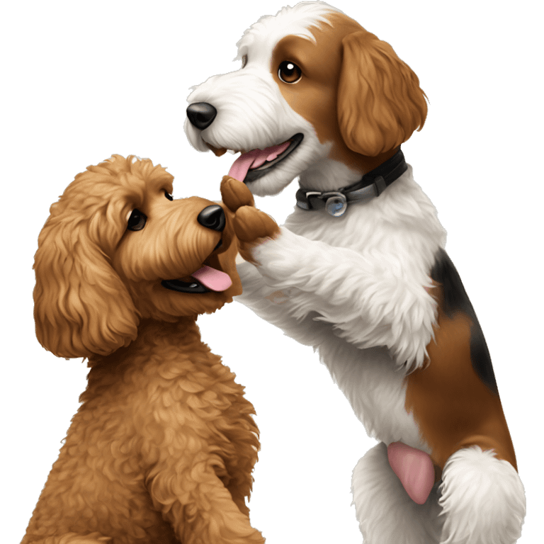 brown goldendoodle dog and smaller black/white dog giving each other a high five emoji